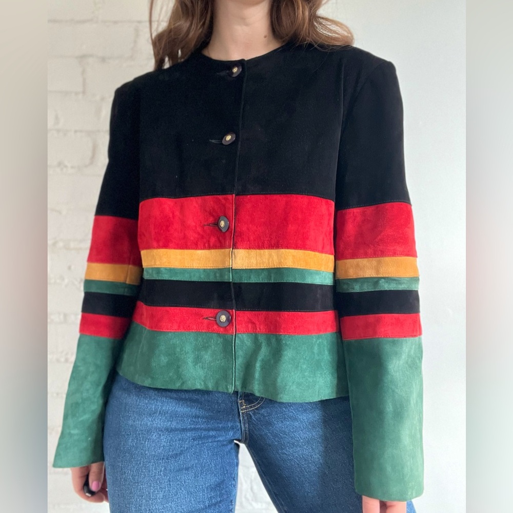 Vintage 100% Leather Suede Multicoloured Jacket Coat Women’s Size XL or 16